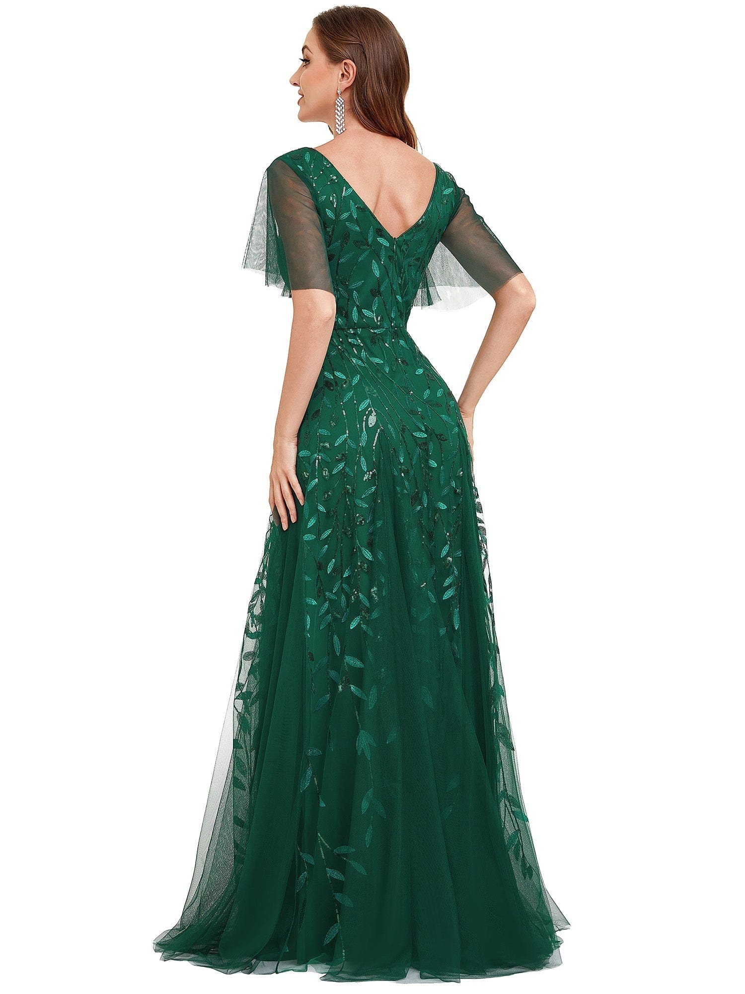 Elegant Shimmery V Neck Evening Gown with Ruffle Sleeves - Image 17