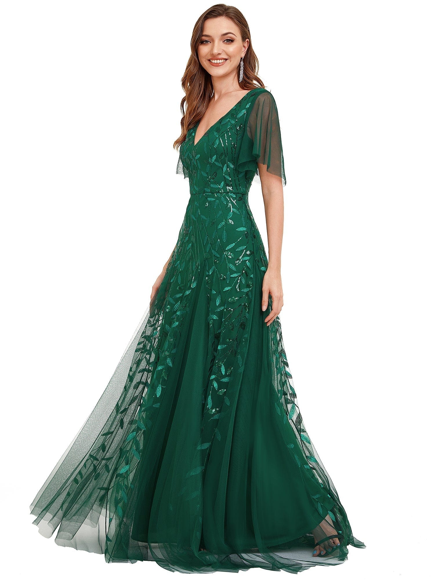 Elegant Shimmery V Neck Evening Gown with Ruffle Sleeves - Image 18