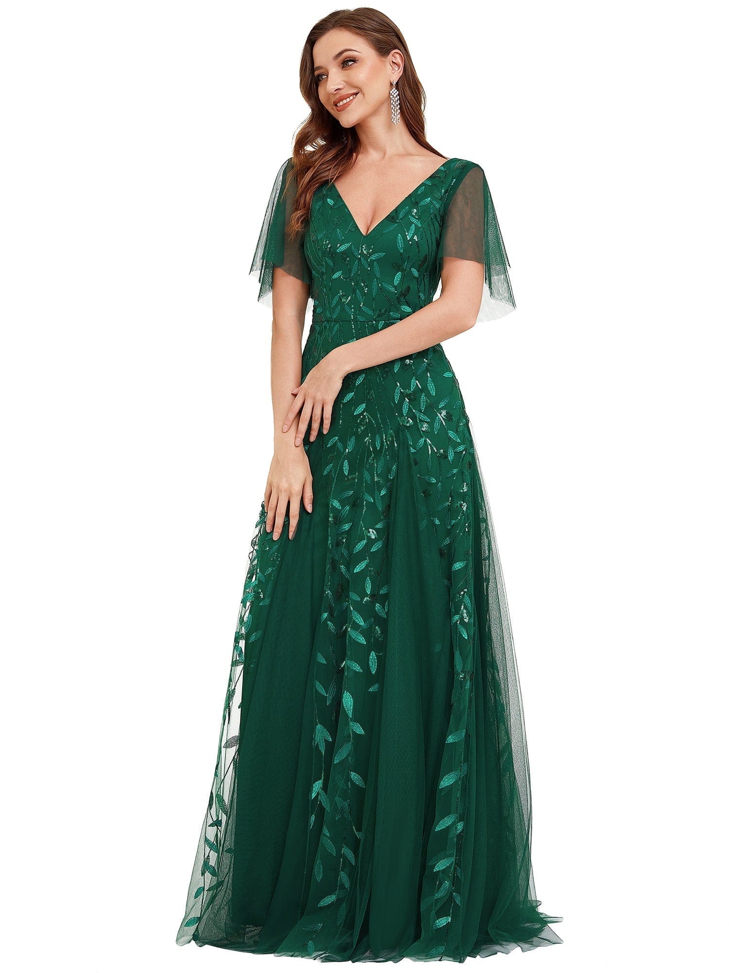 Elegant Shimmery V Neck Evening Gown with Ruffle Sleeves - Image 19
