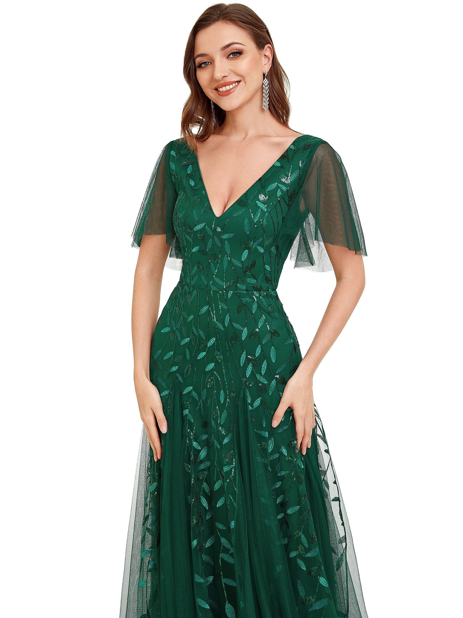Elegant Shimmery V Neck Evening Gown with Ruffle Sleeves - Image 20