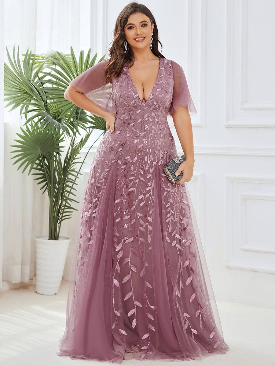 Elegant Shimmery V Neck Evening Gown with Ruffle Sleeves - Image 21