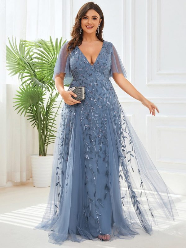Elegant Shimmery V Neck Evening Gown with Ruffle Sleeves - Image 22