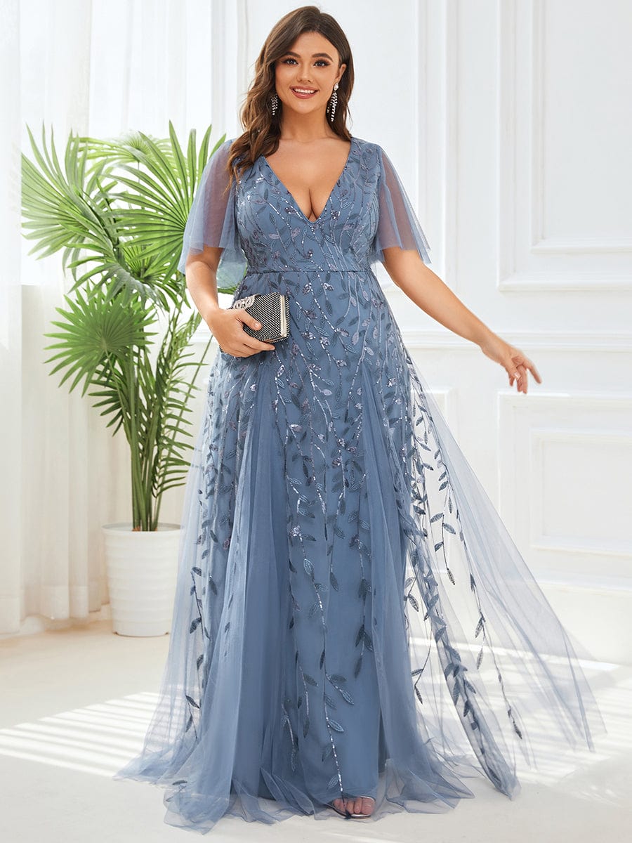 Elegant Shimmery V Neck Evening Gown with Ruffle Sleeves - Image 22