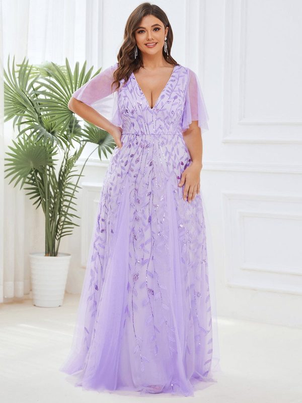 Elegant Shimmery V Neck Evening Gown with Ruffle Sleeves - Image 23