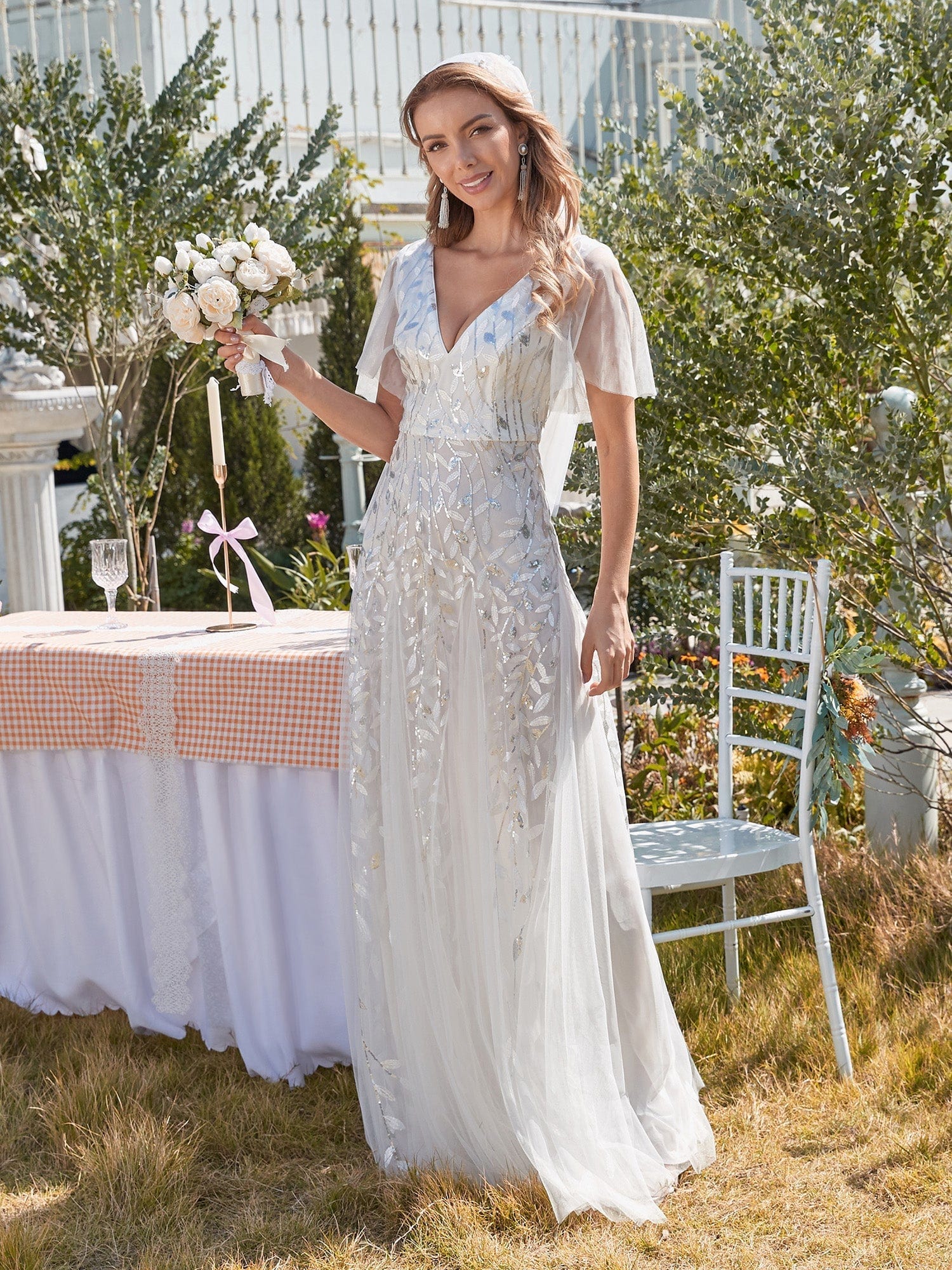 Elegant Shimmery V Neck Evening Gown with Ruffle Sleeves - Image 25
