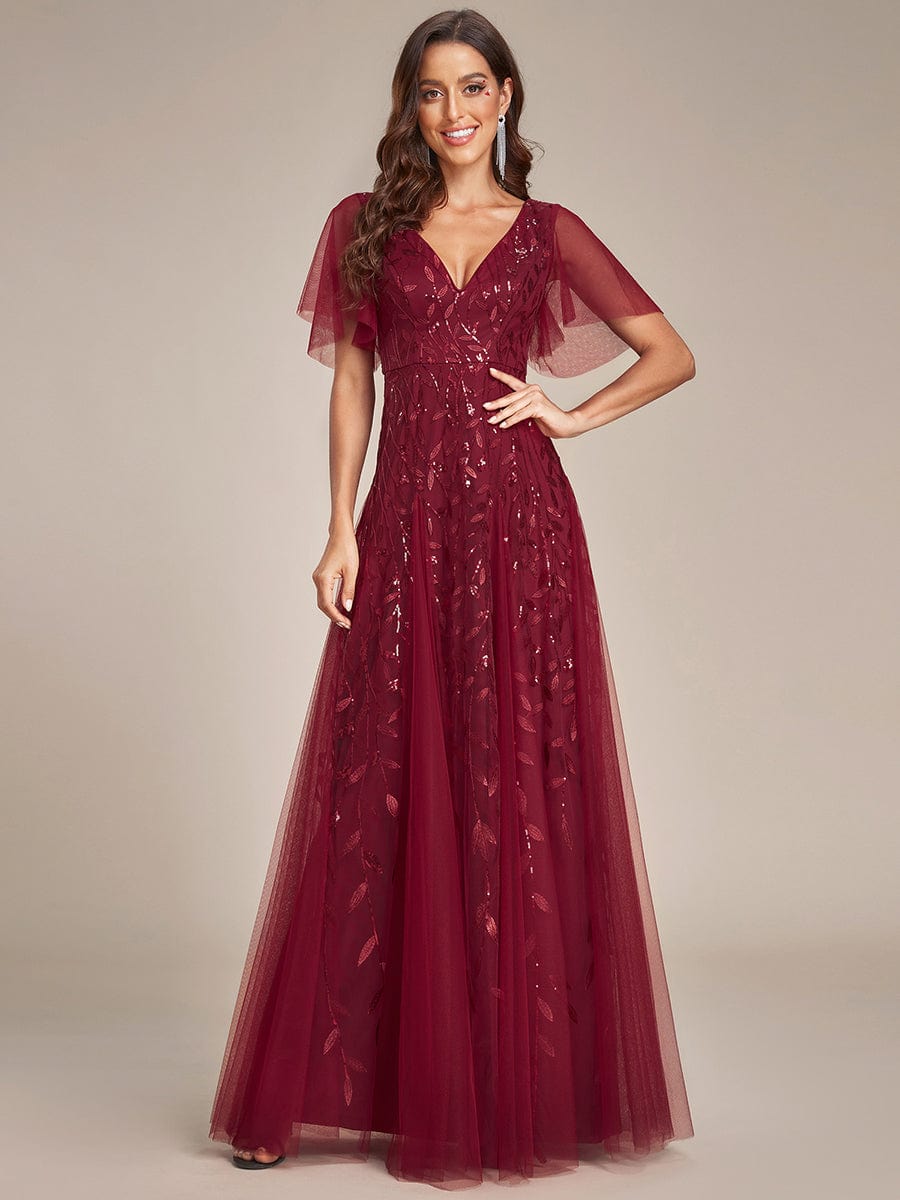 Elegant Shimmery V Neck Evening Gown with Ruffle Sleeves - Image 27