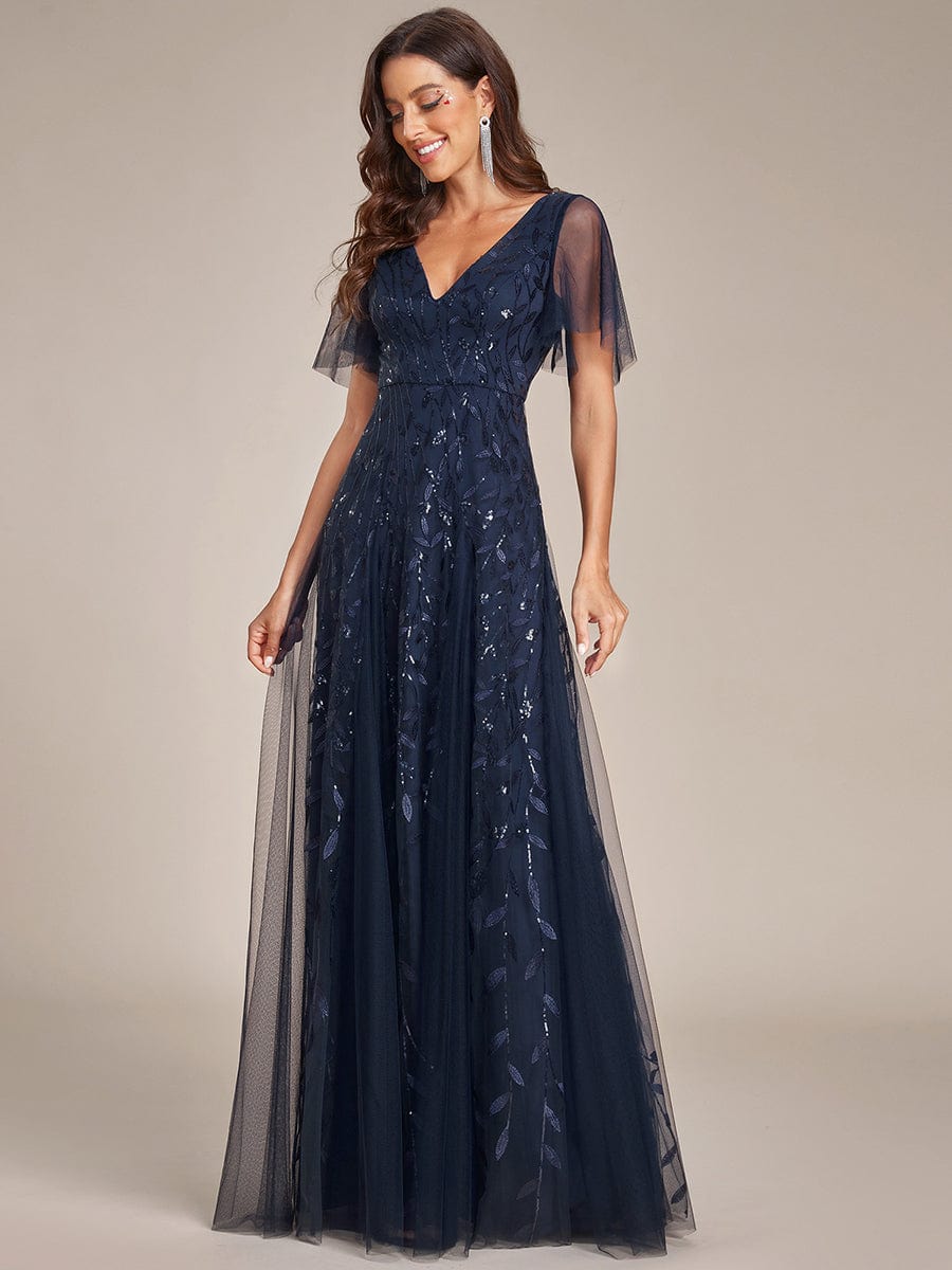 Elegant Shimmery V Neck Evening Gown with Ruffle Sleeves - Image 30