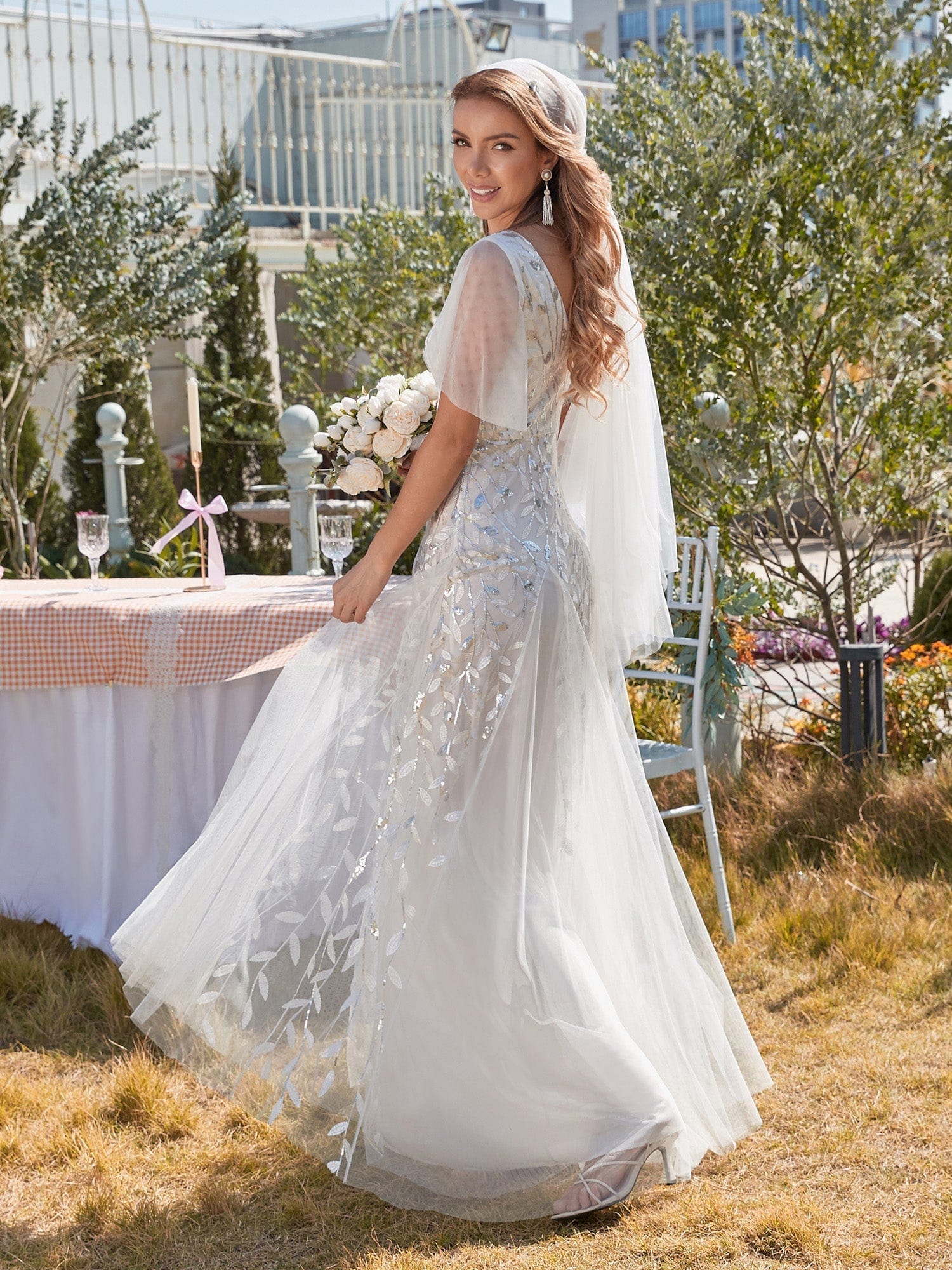 Elegant Shimmery V Neck Evening Gown with Ruffle Sleeves - Image 31