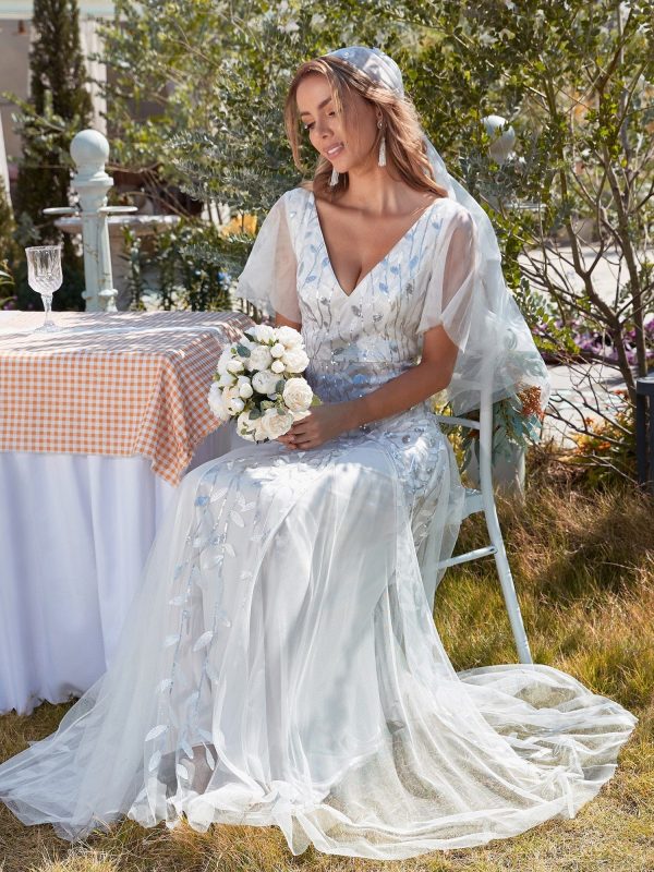 Elegant Shimmery V Neck Evening Gown with Ruffle Sleeves - Image 32