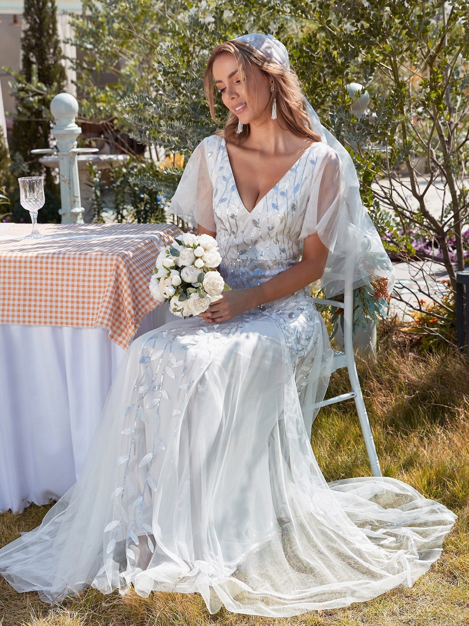 Elegant Shimmery V Neck Evening Gown with Ruffle Sleeves - Image 32