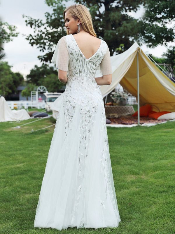 Elegant Shimmery V Neck Evening Gown with Ruffle Sleeves - Image 33