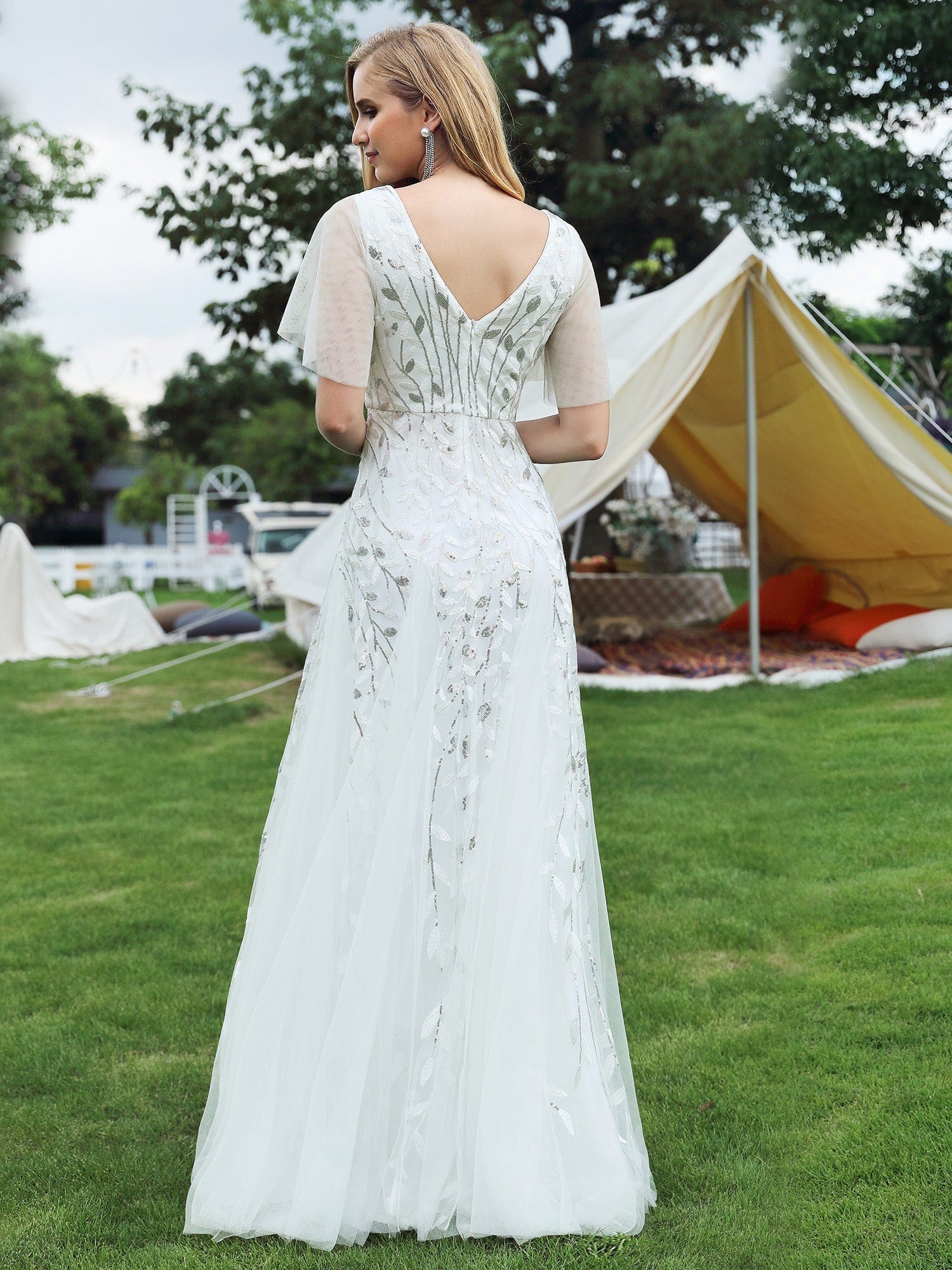 Elegant Shimmery V Neck Evening Gown with Ruffle Sleeves - Image 33