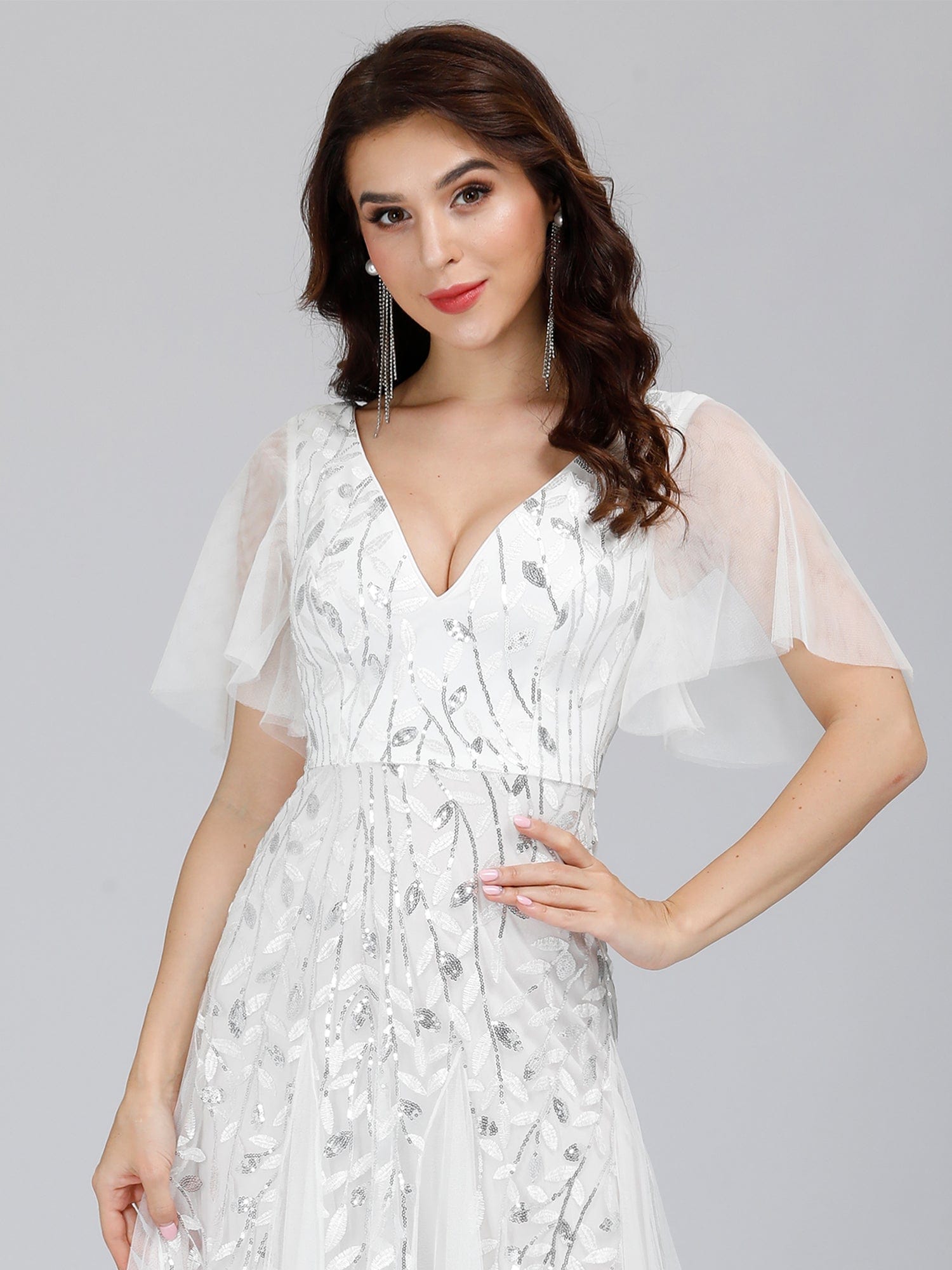 Elegant Shimmery V Neck Evening Gown with Ruffle Sleeves - Image 34