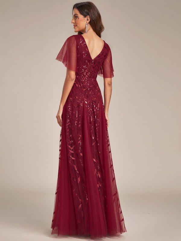 Elegant Shimmery V Neck Evening Gown with Ruffle Sleeves - Image 35
