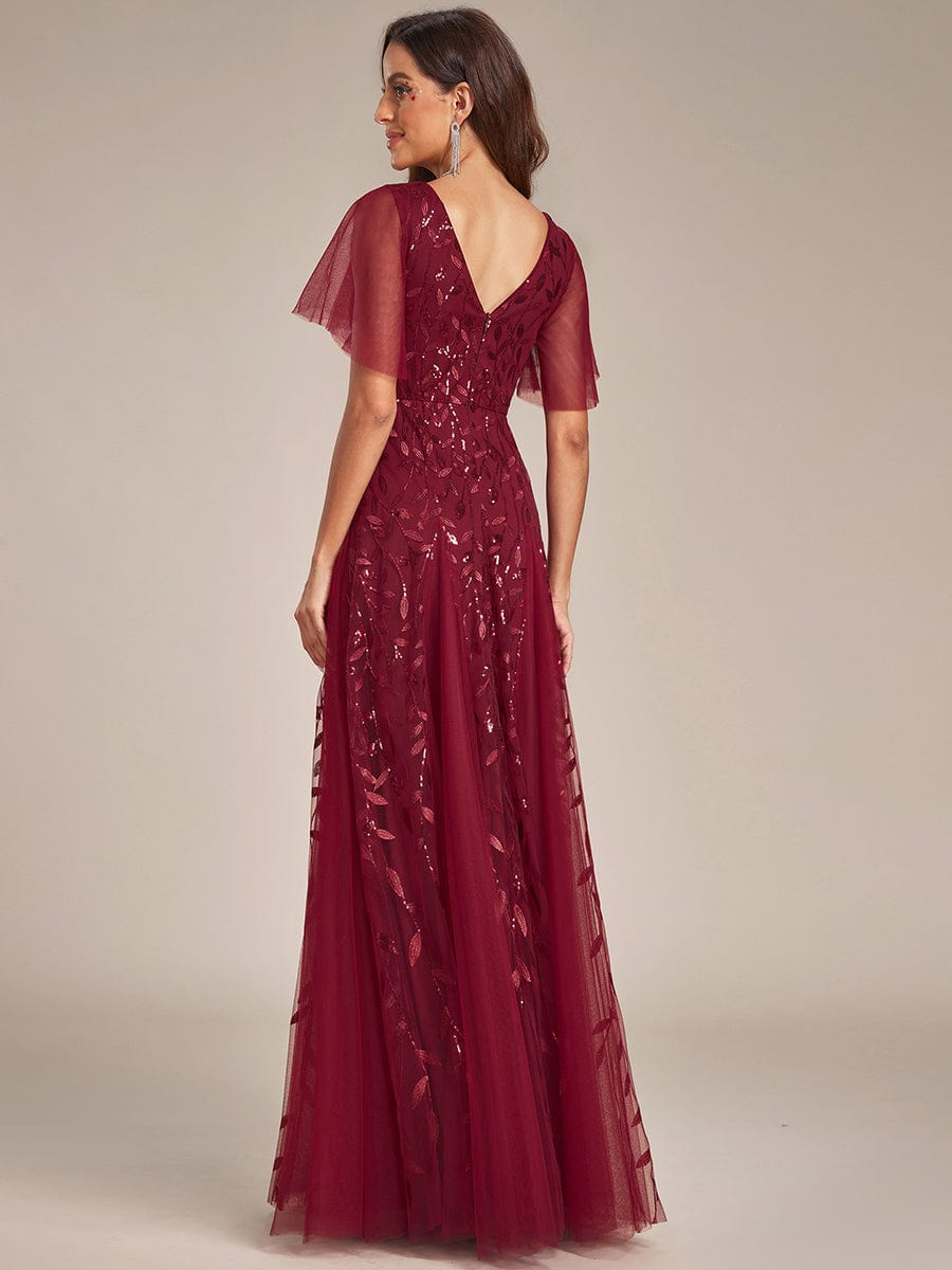 Elegant Shimmery V Neck Evening Gown with Ruffle Sleeves - Image 35