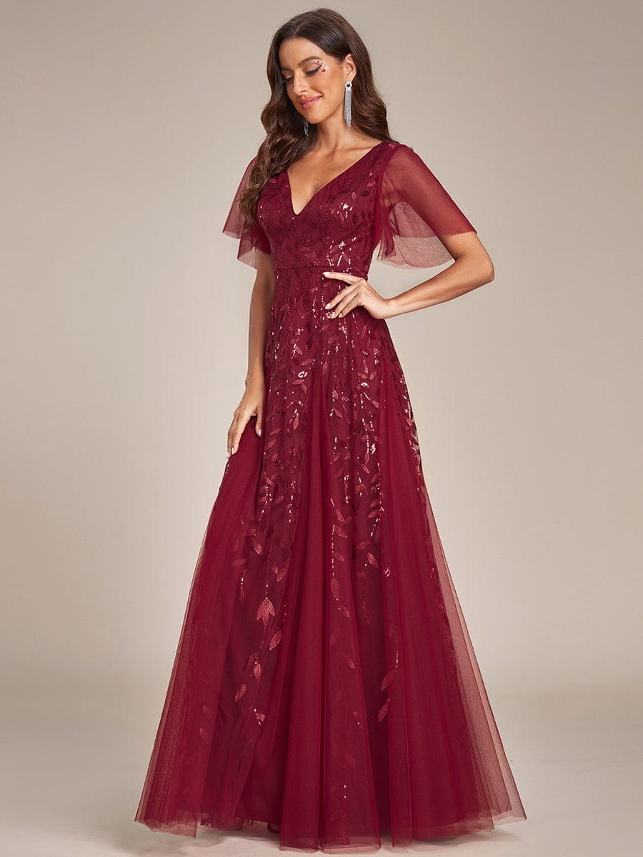 Elegant Shimmery V Neck Evening Gown with Ruffle Sleeves - Image 36