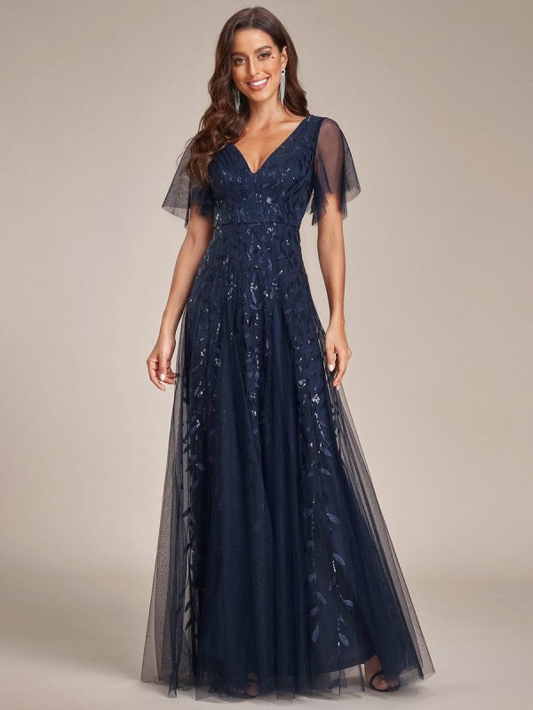 Elegant Shimmery V Neck Evening Gown with Ruffle Sleeves - Image 40