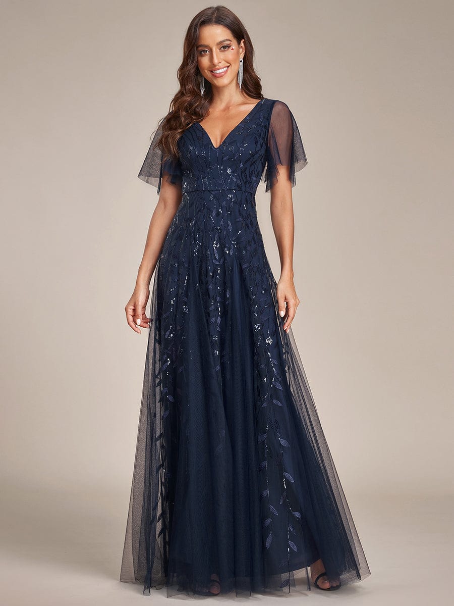 Elegant Shimmery V Neck Evening Gown with Ruffle Sleeves - Image 40