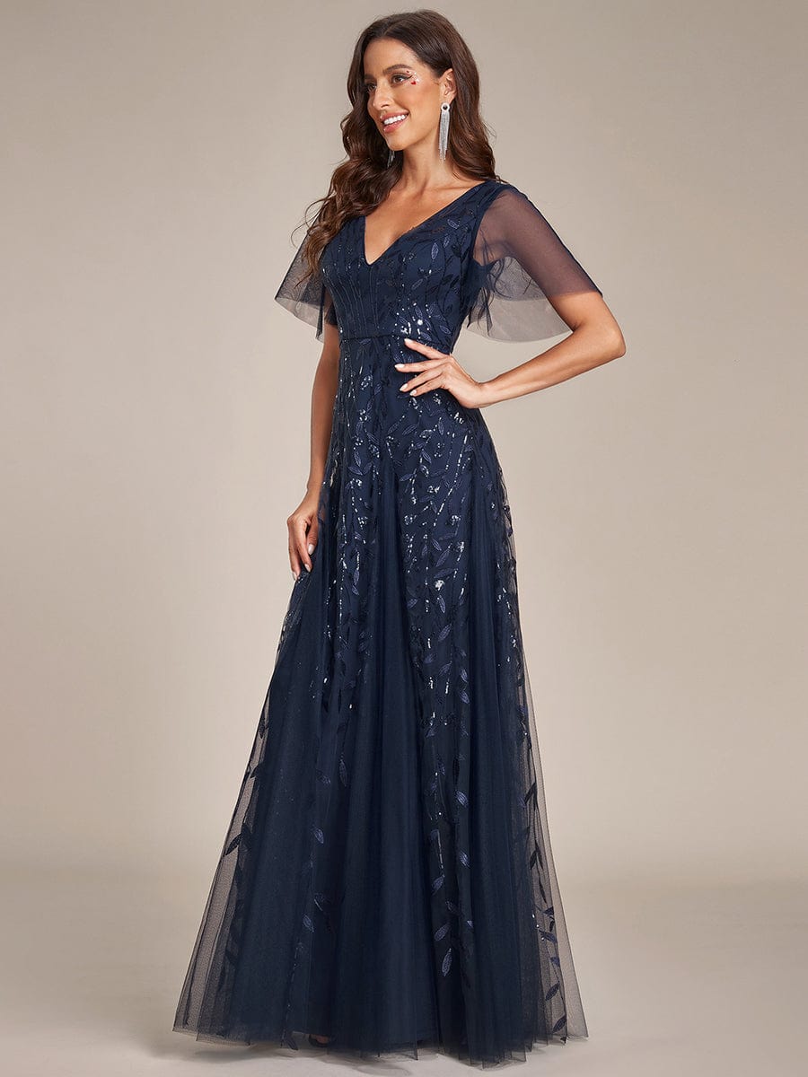 Elegant Shimmery V Neck Evening Gown with Ruffle Sleeves - Image 41