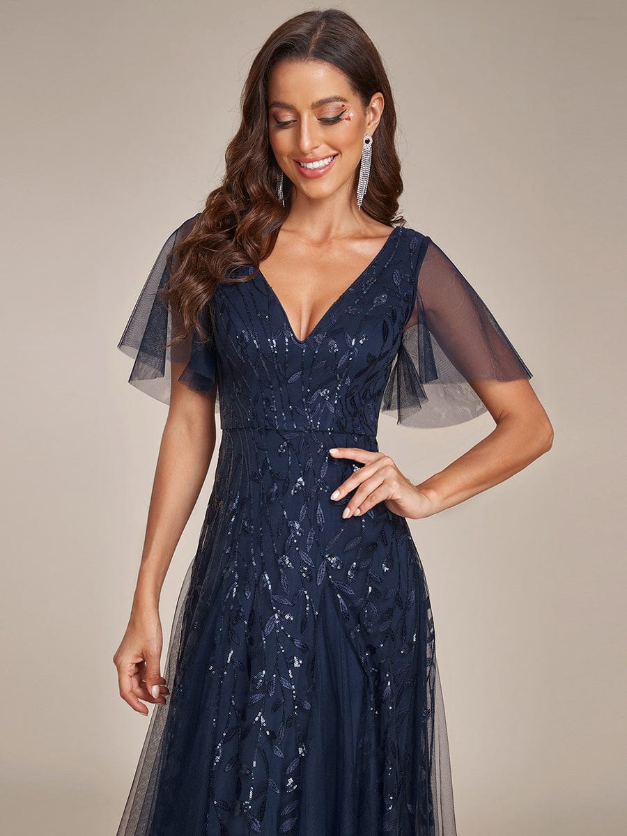 Elegant Shimmery V Neck Evening Gown with Ruffle Sleeves - Image 42