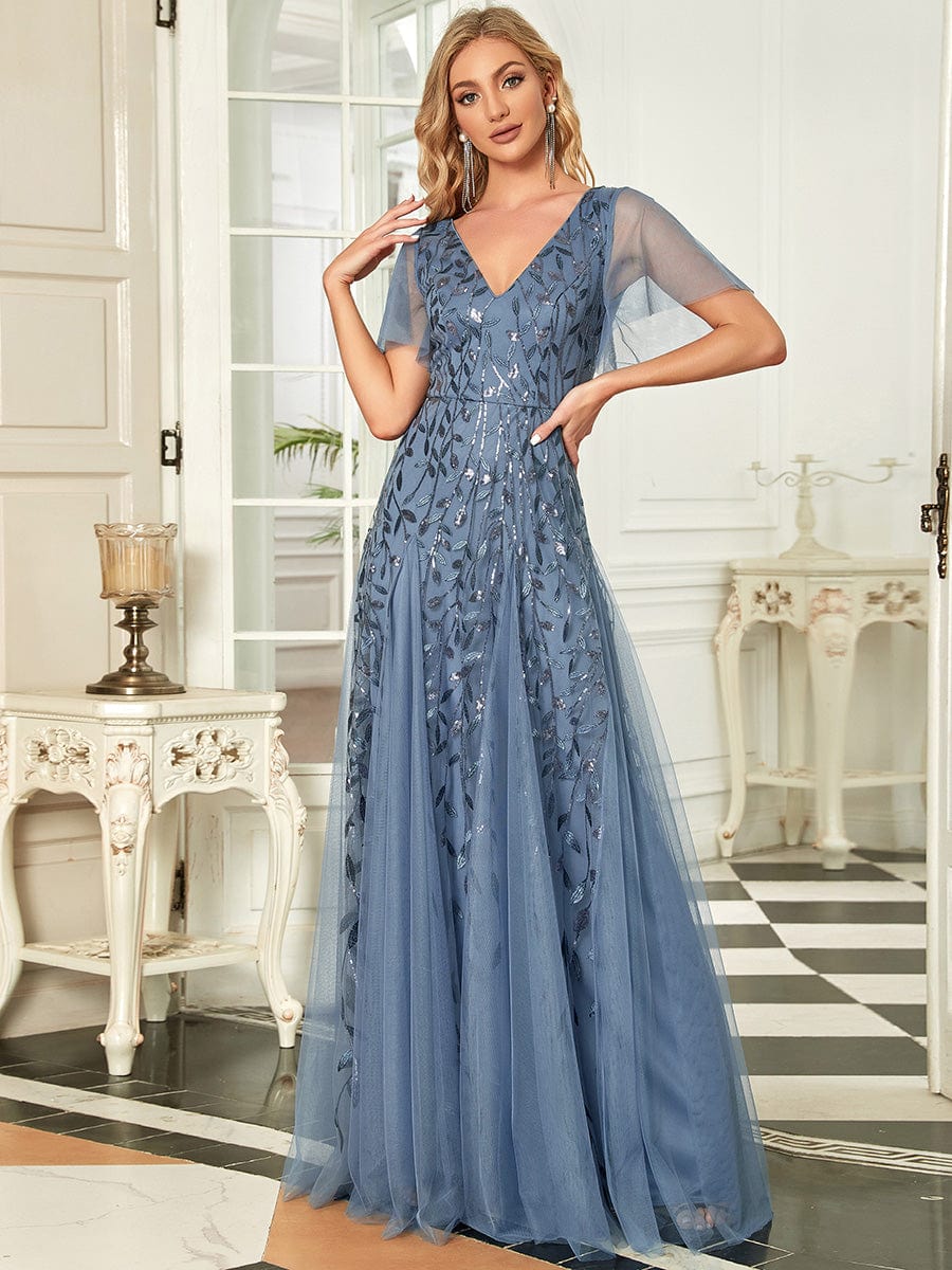 Elegant Shimmery V Neck Evening Gown with Ruffle Sleeves - Image 6