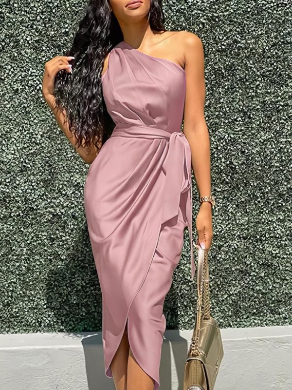 Elegant Slanted Shoulder Sleeveless Long Dress - Image 13