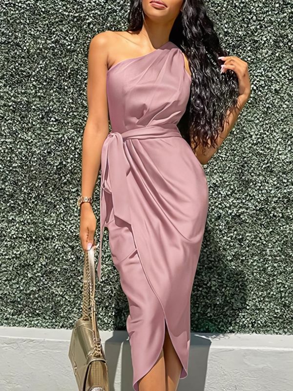 Elegant Slanted Shoulder Sleeveless Long Dress - Image 14