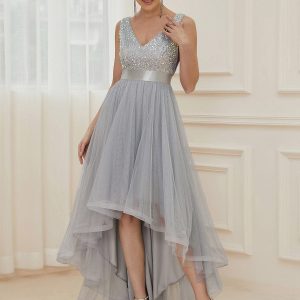 Elegant Sparkling Asymmetrical Hem Deep V Neck Evening Dress