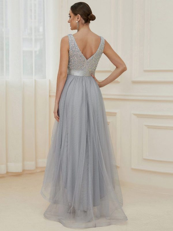 Elegant Sparkling Asymmetrical Hem Deep V Neck Evening Dress - Image 2