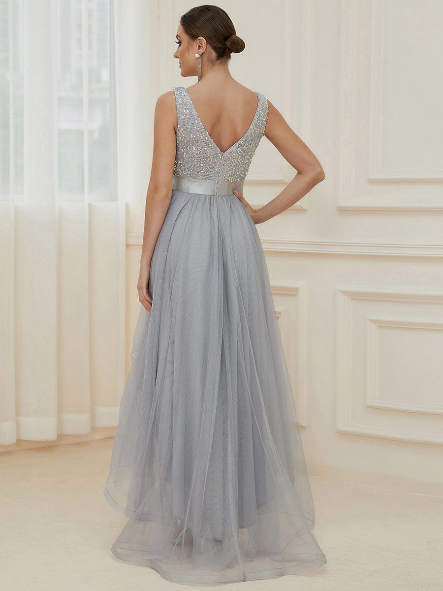Elegant Sparkling Asymmetrical Hem Deep V Neck Evening Dress - Image 2