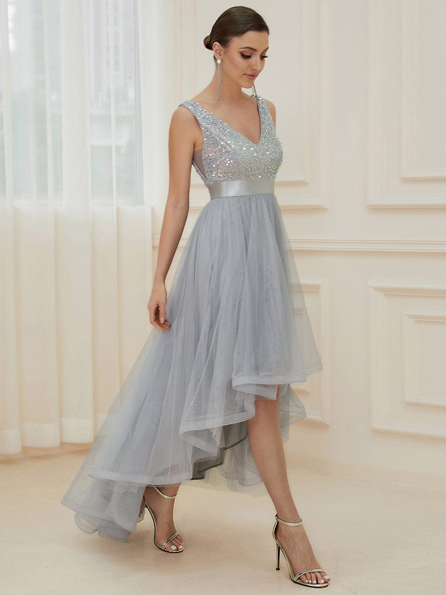 Elegant Sparkling Asymmetrical Hem Deep V Neck Evening Dress - Image 4