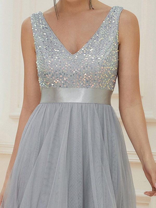 Elegant Sparkling Asymmetrical Hem Deep V Neck Evening Dress - Image 5