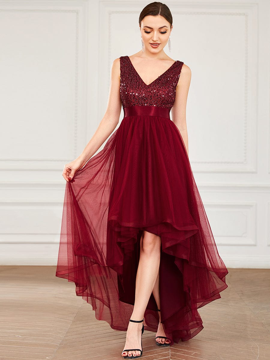 Elegant Sparkling Asymmetrical Hem Deep V Neck Evening Dress - Image 6