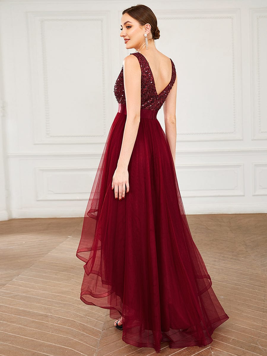 Elegant Sparkling Asymmetrical Hem Deep V Neck Evening Dress - Image 7