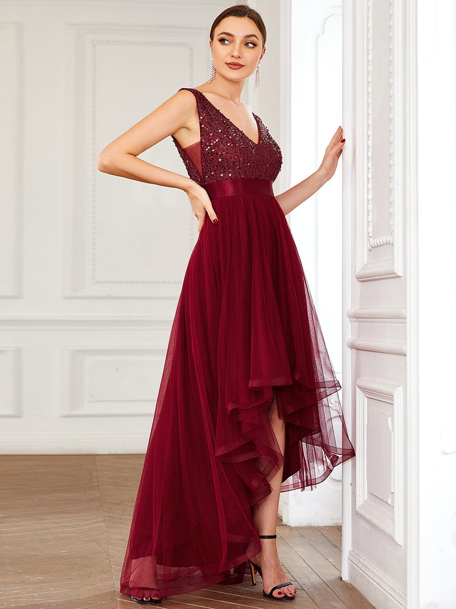 Elegant Sparkling Asymmetrical Hem Deep V Neck Evening Dress - Image 8