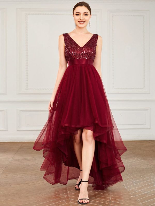 Elegant Sparkling Asymmetrical Hem Deep V Neck Evening Dress - Image 9