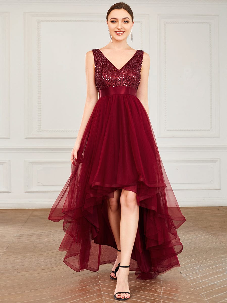 Elegant Sparkling Asymmetrical Hem Deep V Neck Evening Dress - Image 9