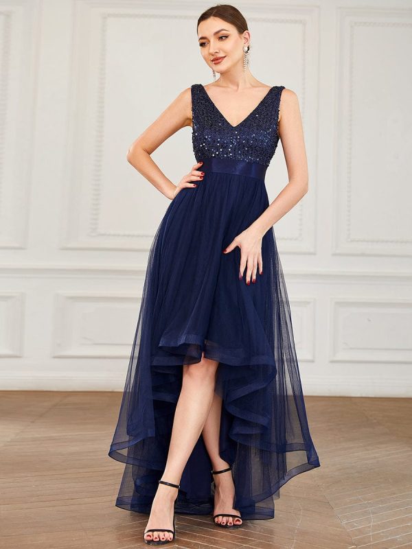 Elegant Sparkling Asymmetrical Hem Deep V Neck Evening Dress - Image 11