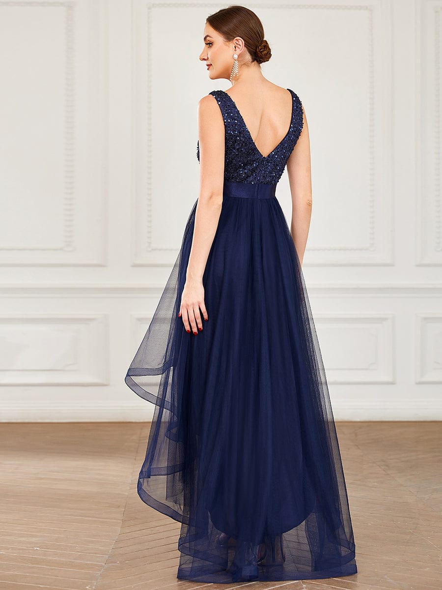 Elegant Sparkling Asymmetrical Hem Deep V Neck Evening Dress - Image 12