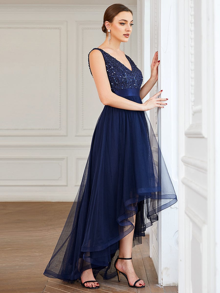 Elegant Sparkling Asymmetrical Hem Deep V Neck Evening Dress - Image 13