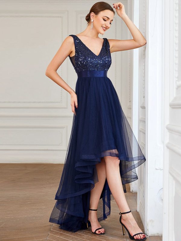 Elegant Sparkling Asymmetrical Hem Deep V Neck Evening Dress - Image 14