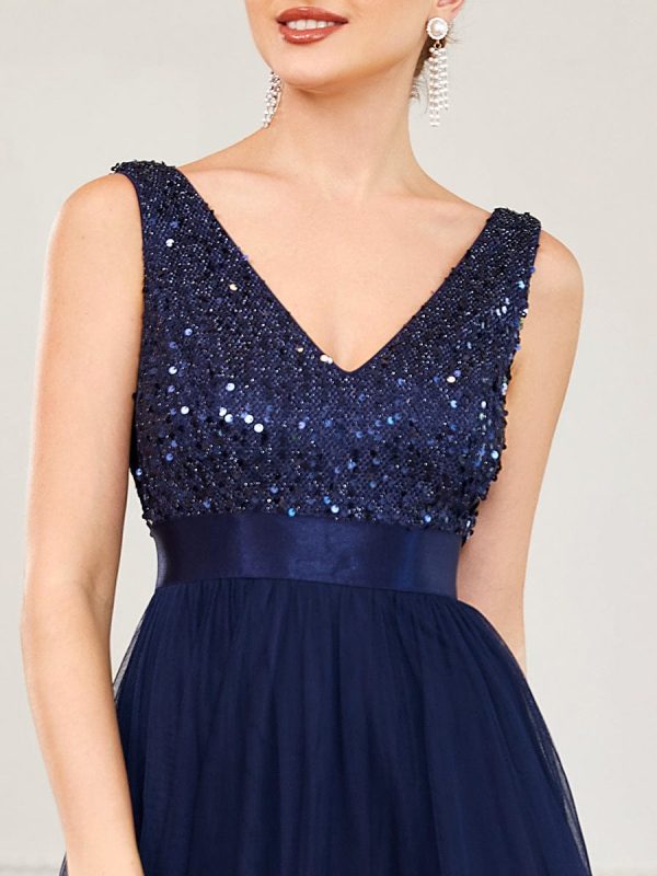 Elegant Sparkling Asymmetrical Hem Deep V Neck Evening Dress - Image 15