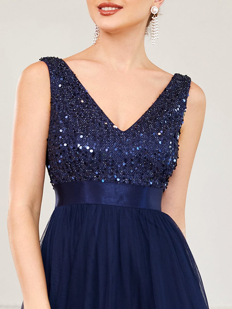 Elegant Sparkling Asymmetrical Hem Deep V Neck Evening Dress - Image 15