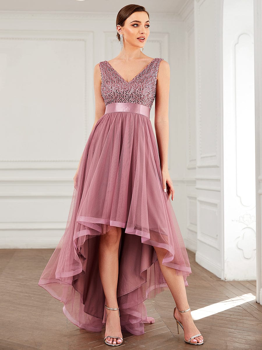 Elegant Sparkling Asymmetrical Hem Deep V Neck Evening Dress - Image 18