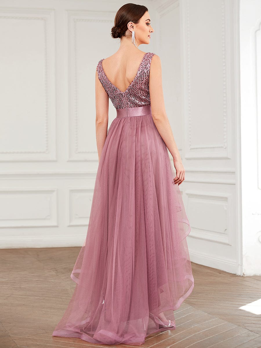 Elegant Sparkling Asymmetrical Hem Deep V Neck Evening Dress - Image 16