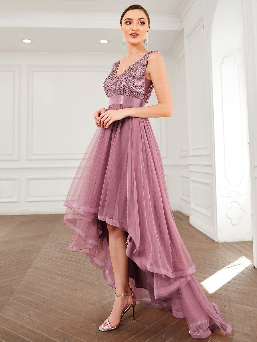 Elegant Sparkling Asymmetrical Hem Deep V Neck Evening Dress - Image 17