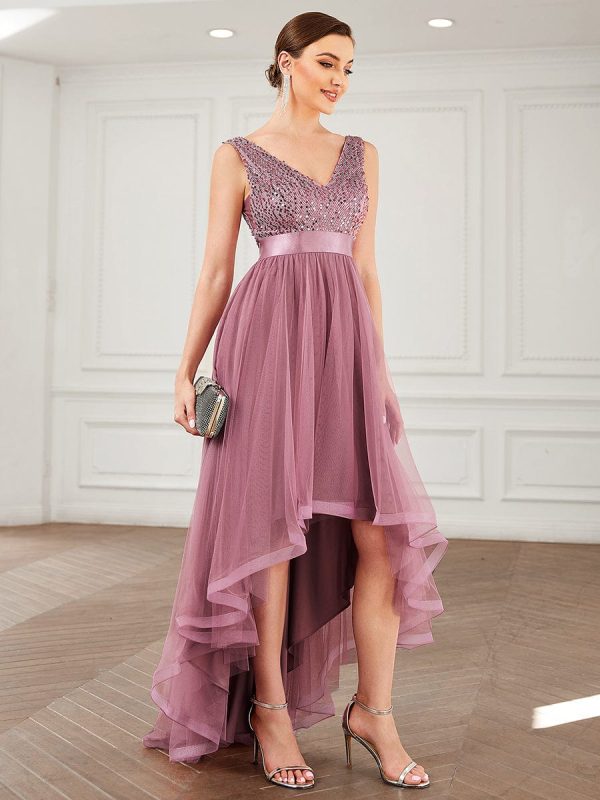 Elegant Sparkling Asymmetrical Hem Deep V Neck Evening Dress - Image 19