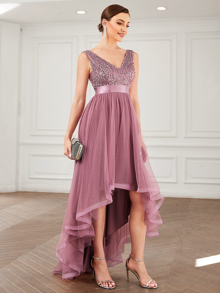 Elegant Sparkling Asymmetrical Hem Deep V Neck Evening Dress - Image 19