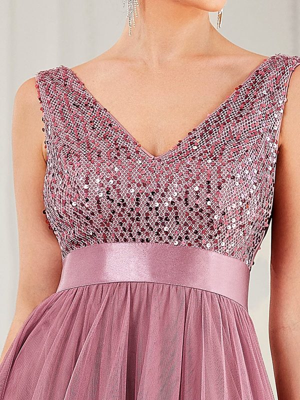 Elegant Sparkling Asymmetrical Hem Deep V Neck Evening Dress - Image 20