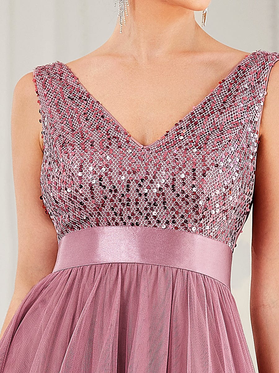 Elegant Sparkling Asymmetrical Hem Deep V Neck Evening Dress - Image 20